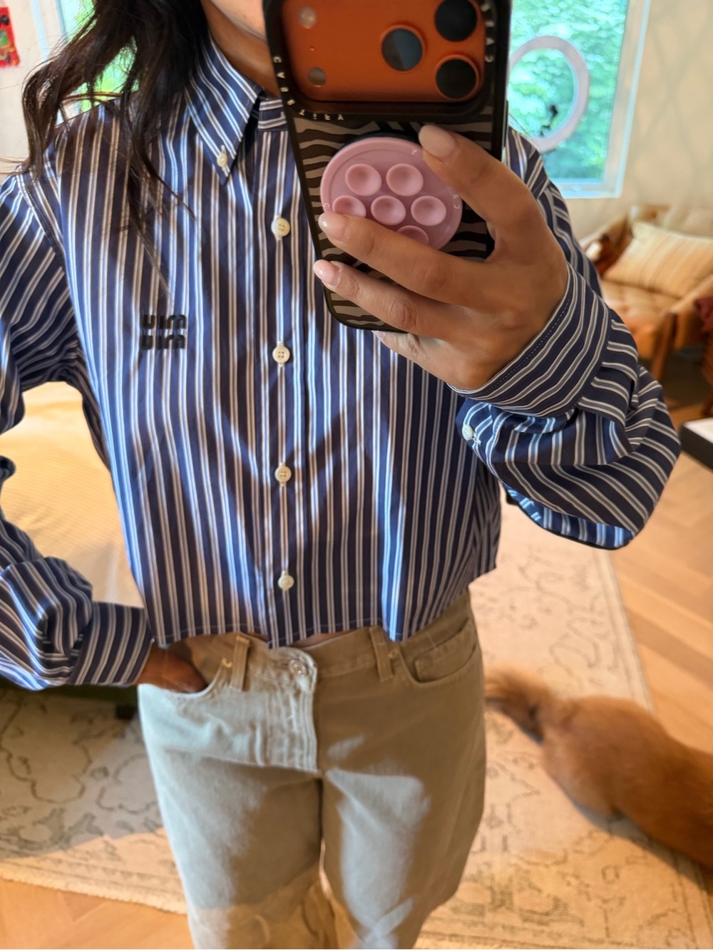 Authentic MIU MIU
Faux Leather-Patch Striped Cotton-Poplin Shirt - Picture 2 of 7